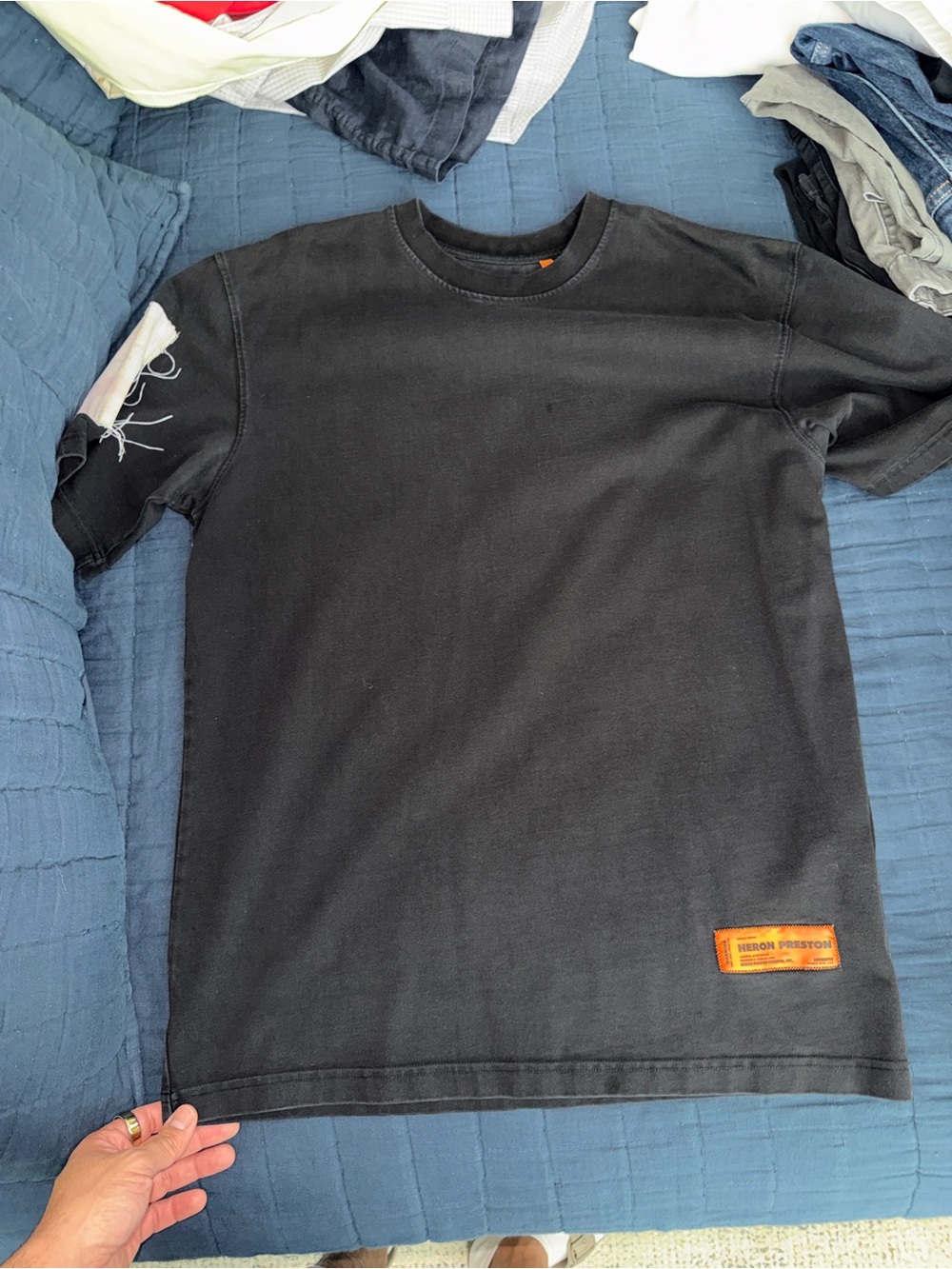 Heron Preston Black Tee with Orange Tag Accent